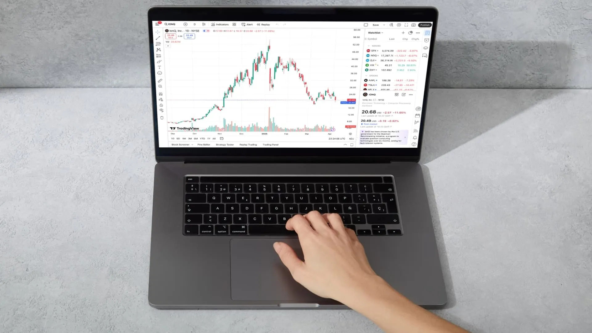 An image of a hand on keyboard looking at a stock chart provided by chart breakdown.